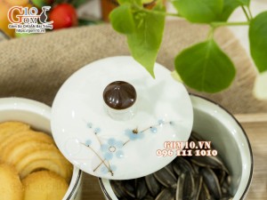Bộ 3 hũ có nắp men kem vẽ hoa Đào xanh, 9,5cm