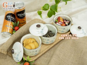 Bộ 3 hũ có nắp men kem vẽ hoa Đào xanh, 9,5cm