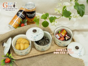 Bộ 3 hũ có nắp men kem vẽ hoa Đào xanh, 9,5cm