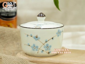 Bộ 3 hũ có nắp men kem vẽ hoa Đào xanh, 9,5cm