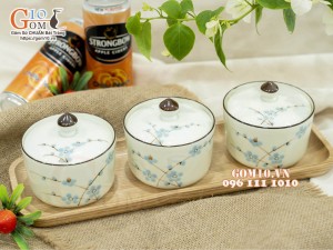 Bộ 3 hũ có nắp men kem vẽ hoa Đào xanh, 9,5cm