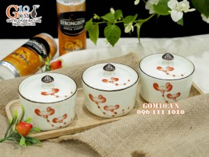 Bộ 3 hũ có nắp men kem vẽ hoa Hải Đường, 9,5cm