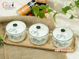 Bộ 3 hũ có nắp men kem vẽ hoa Sen xanh, 9,5cm