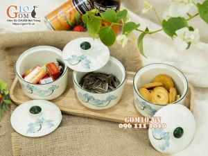 Bộ 3 hũ có nắp men kem vẽ hoa Sen xanh, 9,5cm