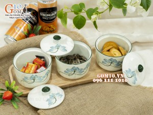 Bộ 3 hũ có nắp men kem vẽ hoa Sen xanh, 9,5cm