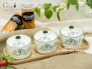 Bộ 3 hũ có nắp men kem vẽ hoa Sen xanh, 9,5cm