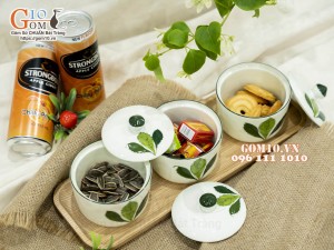 Bộ 3 hũ có nắp men kem vẽ Ngò gai, 9,5cm