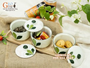 Bộ 3 hũ có nắp men kem vẽ Ngò gai, 9,5cm