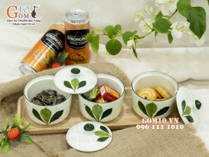 Bộ 3 hũ có nắp men kem vẽ Ngò gai, 9,5cm
