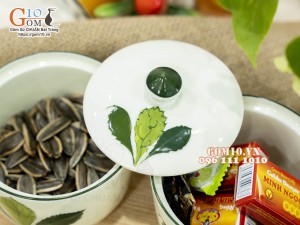 Bộ 3 hũ có nắp men kem vẽ Ngò gai, 9,5cm