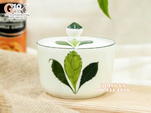 Bộ 3 hũ có nắp men kem vẽ Ngò gai, 9,5cm