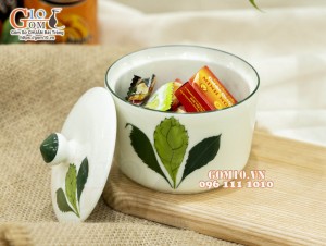 Bộ 3 hũ có nắp men kem vẽ Ngò gai, 9,5cm