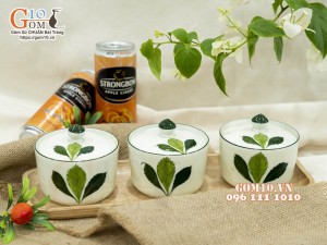 Bộ 3 hũ có nắp men kem vẽ Ngò gai, 9,5cm