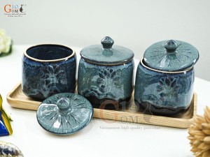 Bộ 3 hũ có nắp men cẩm thạch đắp nổi hoa Sen, cao 12cm