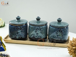 Bộ 3 hũ có nắp men cẩm thạch đắp nổi hoa Sen, cao 12cm