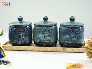 Bộ 3 hũ có nắp men cẩm thạch đắp nổi hoa Sen, cao 12cm