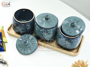 Bộ 3 hũ có nắp men cẩm thạch đắp nổi hoa Sen, cao 12cm