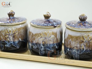 Bộ 3 hũ có nắp men hoàng thổ đắp nổi hoa Sen, cao 12cm