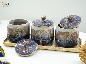 Bộ 3 hũ có nắp men hoàng thổ đắp nổi hoa Sen, cao 12cm
