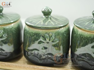 Bộ 3 hũ có nắp men thiên thanh đắp nổi hoa Sen, cao 12cm