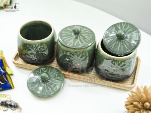 Bộ 3 hũ có nắp men thiên thanh đắp nổi hoa Sen, cao 12cm