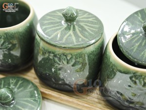 Bộ 3 hũ có nắp men thiên thanh đắp nổi hoa Sen, cao 12cm