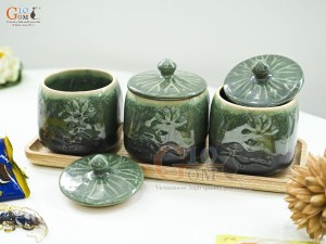 Bộ 3 hũ có nắp men thiên thanh đắp nổi hoa Sen, cao 12cm