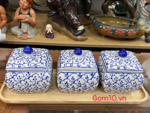 Bộ 3 hũ vuông men kem vẽ bèo xanh (kèm khay gỗ)