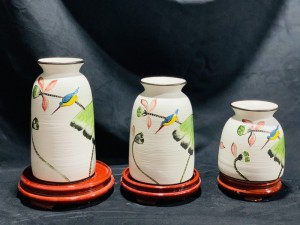 Bộ 3 lọ cổ loe men kem vẽ chim sen