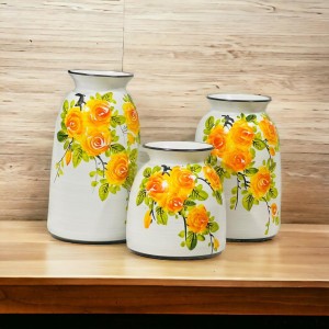 Bộ 3 lọ cổ loe men kem vẽ hoa hồng vàng