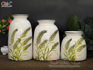 Bộ 3 lọ hoa cổ loe men kem vẽ bông lúa