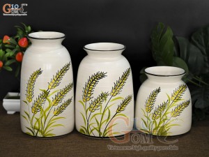 Bộ 3 lọ hoa cổ loe men kem vẽ bông lúa