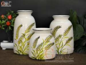 Bộ 3 lọ hoa cổ loe men kem vẽ bông lúa