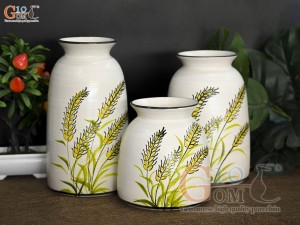 Bộ 3 lọ hoa cổ loe men kem vẽ bông lúa