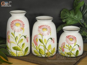 Bộ 3 lọ hoa cổ loe men kem vẽ hoa đỏ