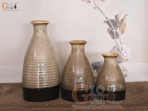Bộ 3 lọ hoa dáng chai men hỏa biến gấm vàng, cao 20cm