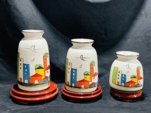Bộ ba lọ hoa dáng ống họa vẽ cảnh đô thị