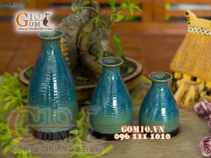 Bộ 3 lọ hoa men hỏa biến dáng cổ thon màu xanh nhạt, cao 23cm