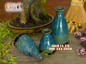 Bộ 3 lọ hoa men hỏa biến dáng cổ thon màu xanh nhạt, cao 23cm
