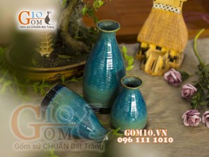 Bộ 3 lọ hoa men hỏa biến dáng cổ thon màu xanh nhạt, cao 23cm