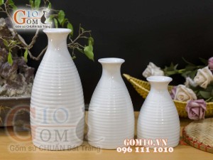 Bộ 3 lọ hoa dáng cổ thon men trắng, cao 22cm
