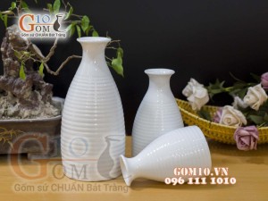 Bộ 3 lọ hoa dáng cổ thon men trắng, cao 22cm
