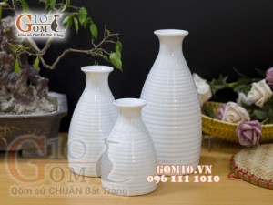 Bộ 3 lọ hoa dáng cổ thon men trắng, cao 22cm