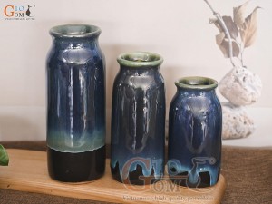 Bộ 3 lọ hoa dáng ống men hỏa biến xanh đậm, cao 20cm