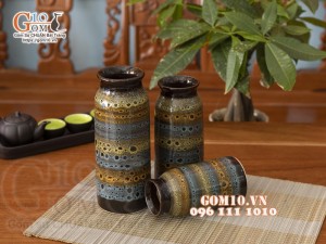 Bộ 3 lọ hoa men hỏa biến dáng ống màu cầu vòng, cao 20cm