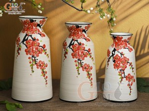 Bộ 3 lọ hoa men kem dáng cổ thắt vẽ hoa Đào đỏ, cao 28cm