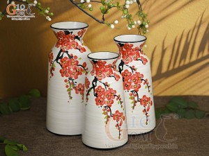 Bộ 3 lọ hoa men kem dáng cổ thắt vẽ hoa Đào đỏ, cao 28cm