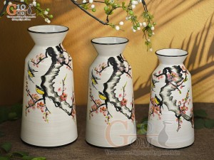 Bộ 3 lọ hoa men kem dáng cổ thắt vẽ hoa Đào phai, cao 28cm