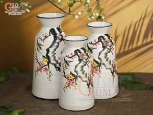 Bộ 3 lọ hoa men kem dáng cổ thắt vẽ hoa Đào phai, cao 28cm