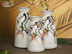 Bộ 3 lọ hoa men kem dáng cổ thắt vẽ hoa Đào phai, cao 28cm